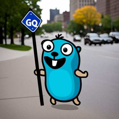 Happy Go Blue Gopher that handles the Groq sign.