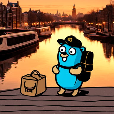Go Blue Gopher with bags packed and Amsterdam in the background.