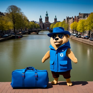 Go Blue Gopher with bags packed and Amsterdam in the background.
