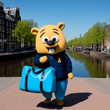 Go Blue Gopher with bags packed and Amsterdam in the background.