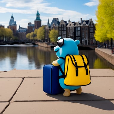 Go Blue Gopher with bags packed and Amsterdam in the background.