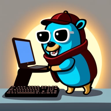 Go Blue Gopher typing on a keyboard with a screen.