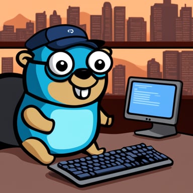 Go Blue Gopher typing on a keyboard with a screen.