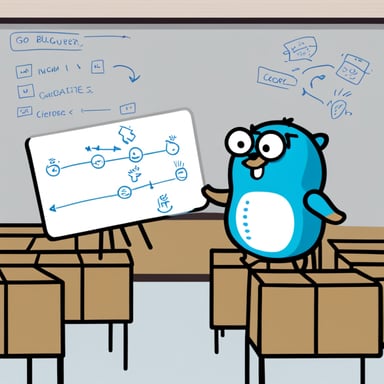 Go Blue Gopher showing another gopher whiteboard drawing with boxes and arrows.