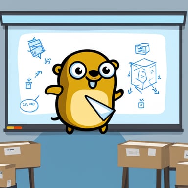 Go Blue Gopher showing another gopher whiteboard drawing with boxes and arrows.