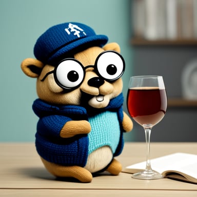 Go Blue Gopher drinking a glass of gin, while reading a book.