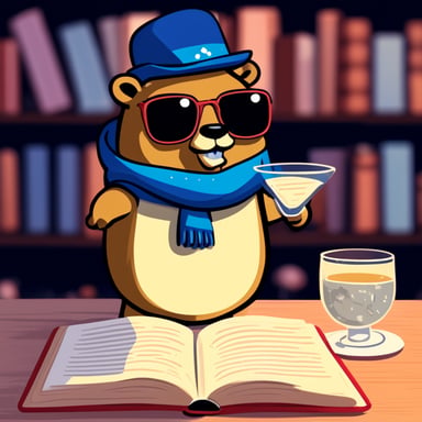 Go Blue Gopher drinking a glass of gin, while reading a book.