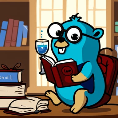 Go Blue Gopher drinking a glass of gin, while reading a book.
