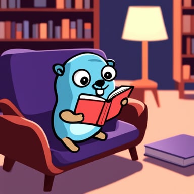 Go blue gopher sits on the sofa with a book in his hands.
