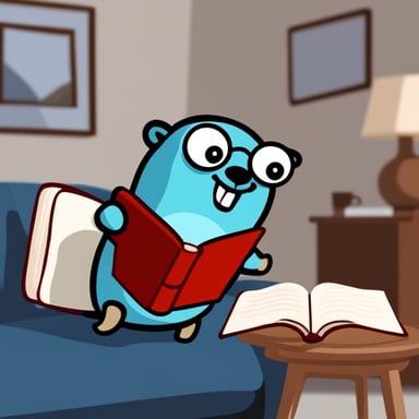 Go blue gopher sits on the sofa with a book in his hands.