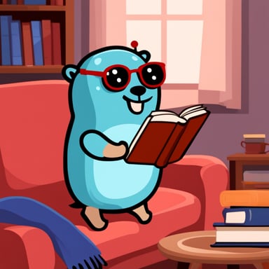Go blue gopher sits on the sofa with a book in his hands.