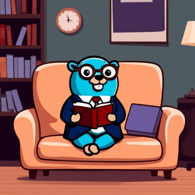 Go blue gopher in a suit and round eyeglasses sits on the sofa with a book in his hands.