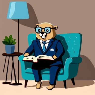Go blue gopher in a suit and round eyeglasses sits on the sofa with a book in his hands.