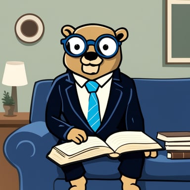 Go blue gopher in a suit and round eyeglasses sits on the sofa with a book in his hands.