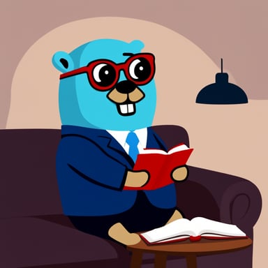 Go blue gopher in a suit and round eyeglasses sits on the sofa with a book in his hands.