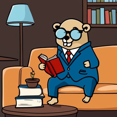 Go Blue Gopher, dressed in a suit and round eyeglasses, sits on the sofa with a book in his hands, embodying minimalism.