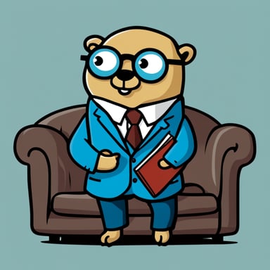 Go Blue Gopher, dressed in a suit and round eyeglasses, sits on the sofa with a book in his hands, embodying minimalism.