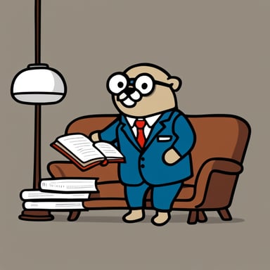 Go Blue Gopher, dressed in a suit and round eyeglasses, sits on the sofa with a book in his hands, embodying minimalism.