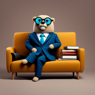 Go Blue Gopher, dressed in a suit and round eyeglasses, sits on the sofa with a book in his hands, embodying minimalism.