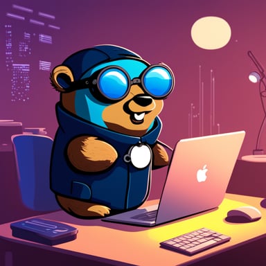 Go Blue Gopher looking for a job at the MacBook in cyberpunk style.