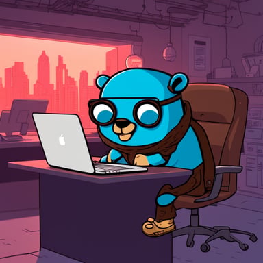 Go Blue Gopher looking for a job at the MacBook in cyberpunk style.