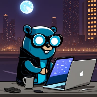 Go Blue Gopher looking for a job at the MacBook in cyberpunk style.