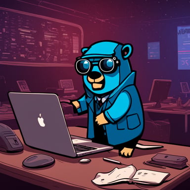 Go Blue Gopher looking for a job at the MacBook in cyberpunk style.