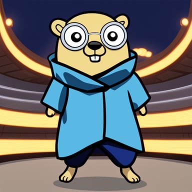 Go Blue Gopher as the standing Hokage on an anime platform.