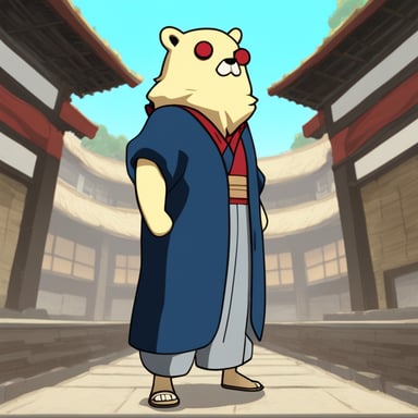 Go Blue Gopher as the standing Hokage on an anime platform.
