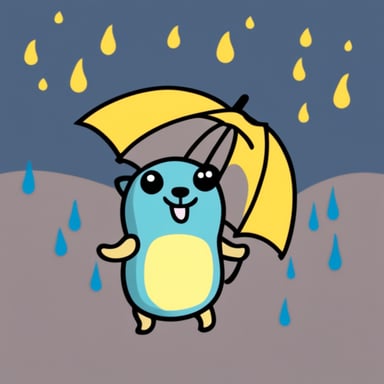 Happy Go Blue Gopher in the rain.