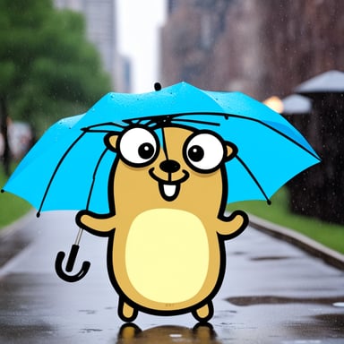 Happy Go Blue Gopher in the rain.