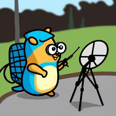 Sad Go Blue Gopher fixing a satellite dish.