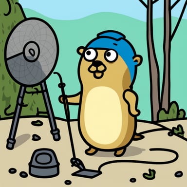 Sad Go Blue Gopher fixing a satellite dish.