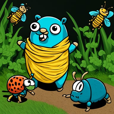 Go Blue Gopher fighting many giant bugs.