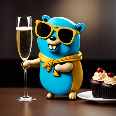 Go Blue Gopher celebrates with a glass of champagne.