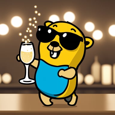 Go Blue Gopher celebrates with a glass of champagne.