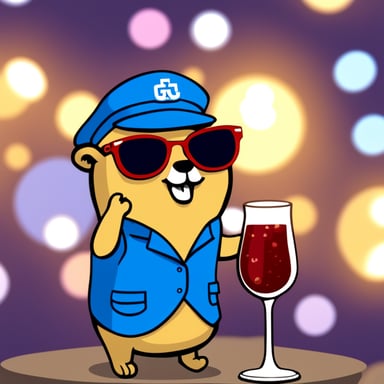 Go Blue Gopher celebrates with a glass of champagne.
