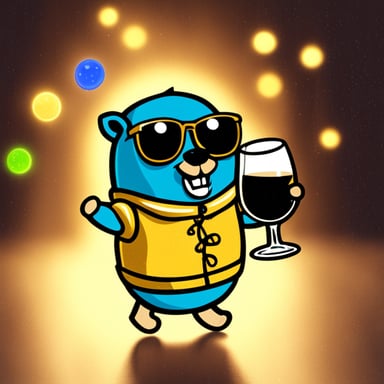 Go Blue Gopher celebrates with a glass of champagne.