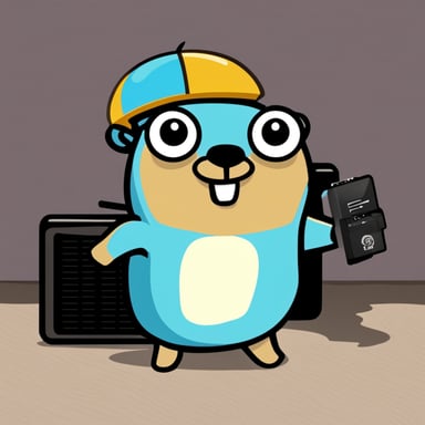 Happy Go Blue Gopher with a hard drive in his hands.