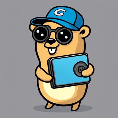Happy Go Blue Gopher with a hard drive in his hands.