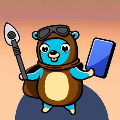 Happy Go Blue Gopher with a hard drive in his hands.