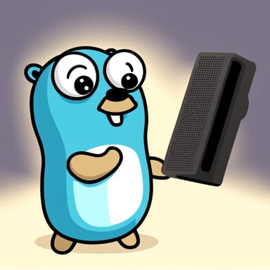 Happy Go Blue Gopher with a hard drive in his hands.