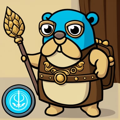 Go Blue Gopher as the Greek god of law with a scale and sword.