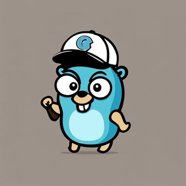 Go Blue Gopher in baseball cap, strong, with a little aggressive smile, hand clenched in a fist.