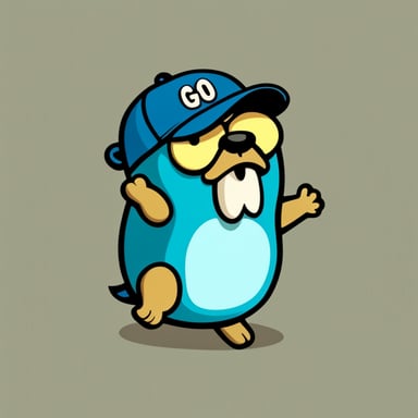 Go Blue Gopher in baseball cap, strong, with a little aggressive smile, hand clenched in a fist.