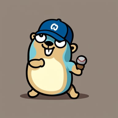 Go Blue Gopher in baseball cap, strong, with a little aggressive smile, hand clenched in a fist.