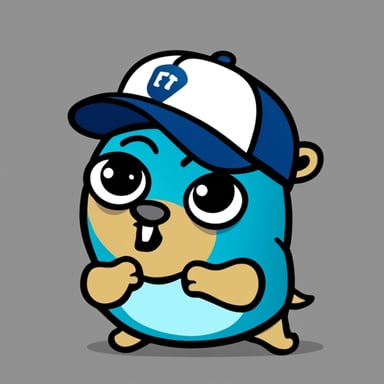 Go Blue Gopher in baseball cap, strong, with a little aggressive smile, hand clenched in a fist.