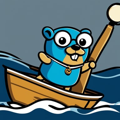 Go Blue Gopher as a boss of fleets, steering a boat, styled like the main Go gopher for a clean, minimalist logo.