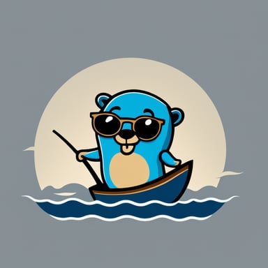 Go Blue Gopher as a boss of fleets, steering a boat, styled like the main Go gopher for a clean, minimalist logo.