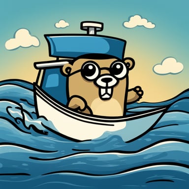 Go Blue Gopher as a boss of fleets, steering a boat, styled like the main Go gopher for a clean, minimalist logo.